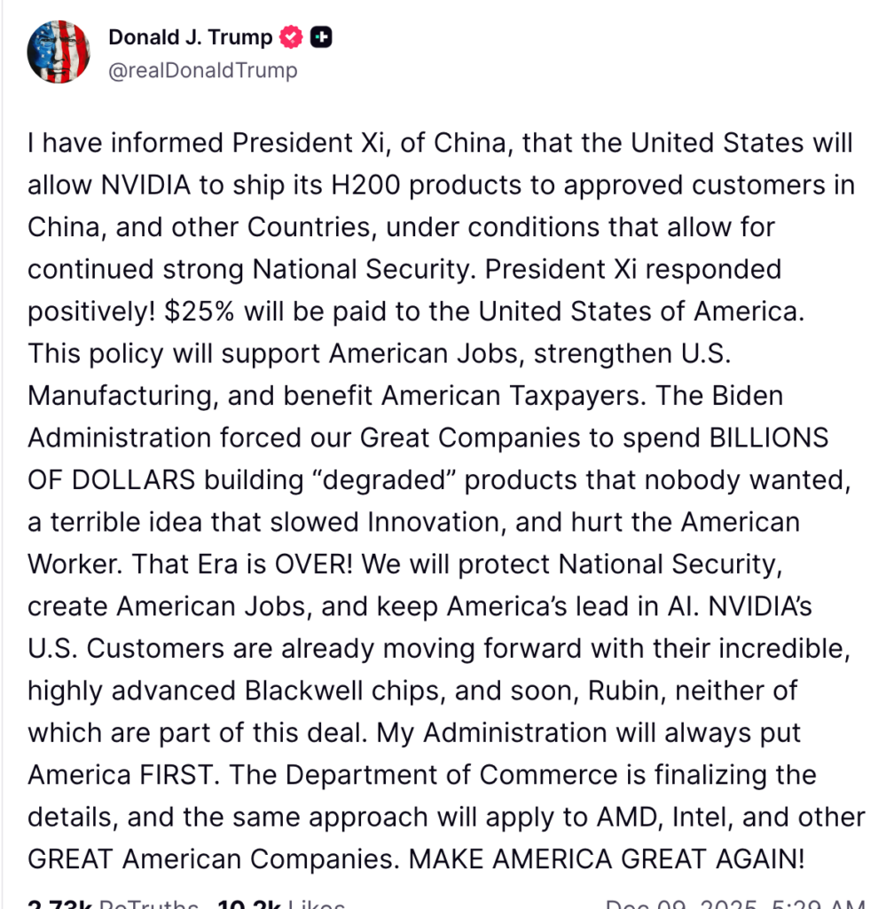 Trump เปิด Huida H200 เพื่อส่งออกไปยังจีน!แต่จะต้องจ่ายค่าคอมมิชชั่น 25% สงครามชิประหว่างสหรัฐฯ-จีนเข้าสู่รูปแบบการปลดล็อคแบบชำระเงินใหม่